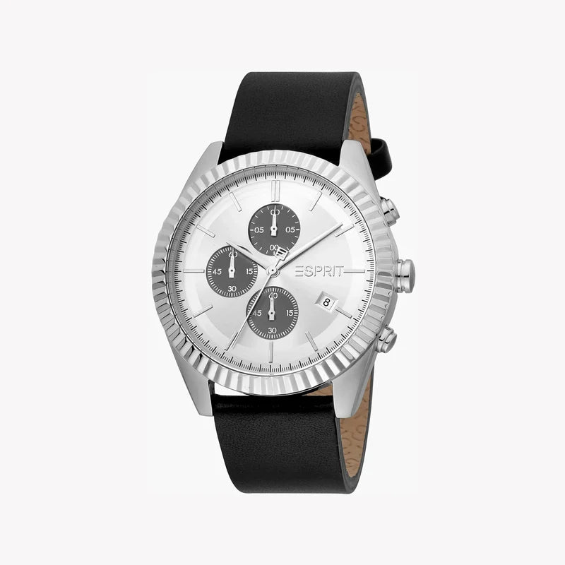 Esprit Men's Black Leather Watch, Silver Dial | Es1g211m0035