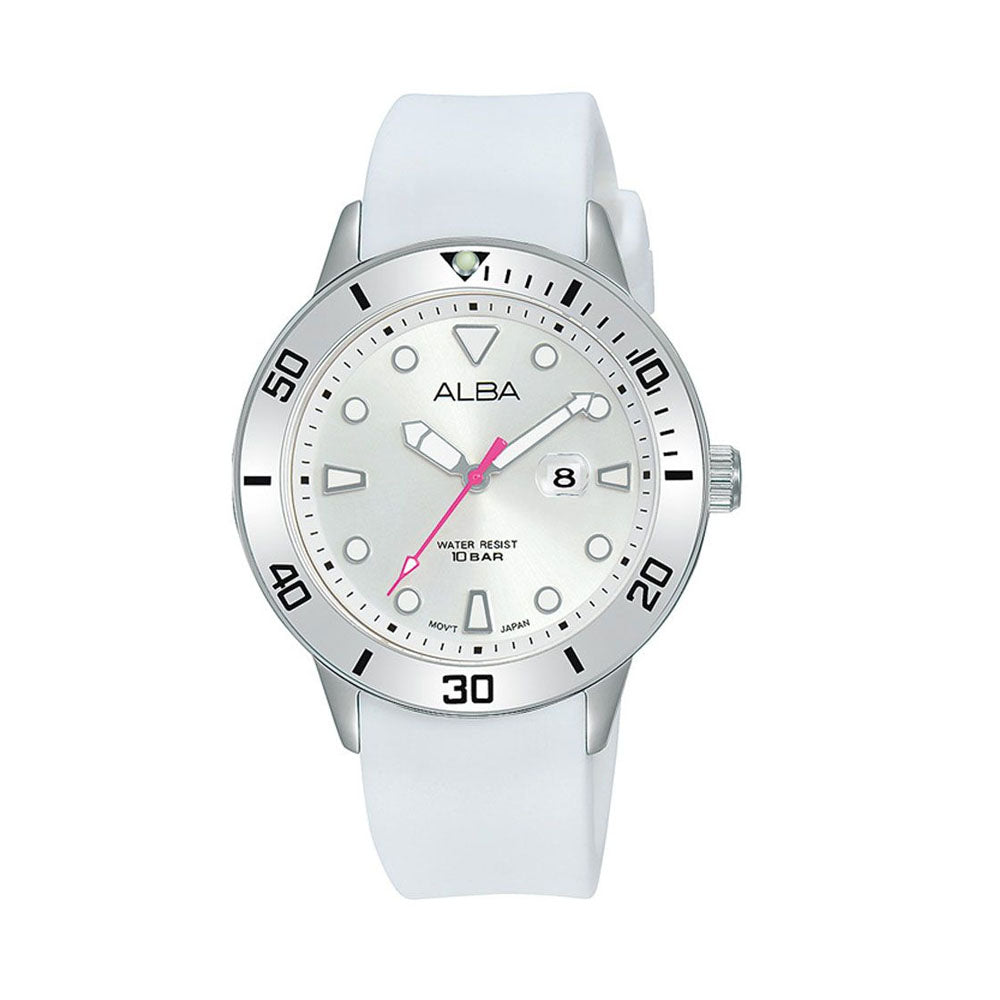 ALBA Ladies' Watch ACTIVE White Silicone Band, Silver Dial | AH7T87X1
