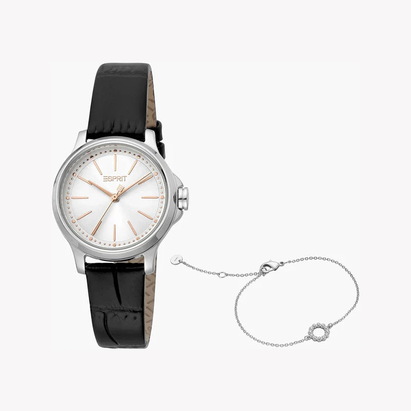 Esprit Women's Black Leather Watch, Silver Dial | ES1L144L2015