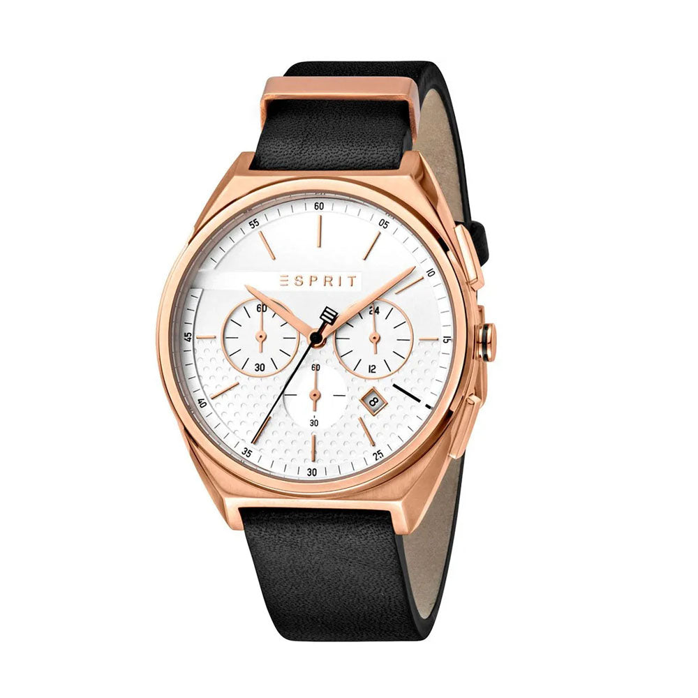 Esprit Men's Black Leather Watch, Silver Dial | ES1G062L0035