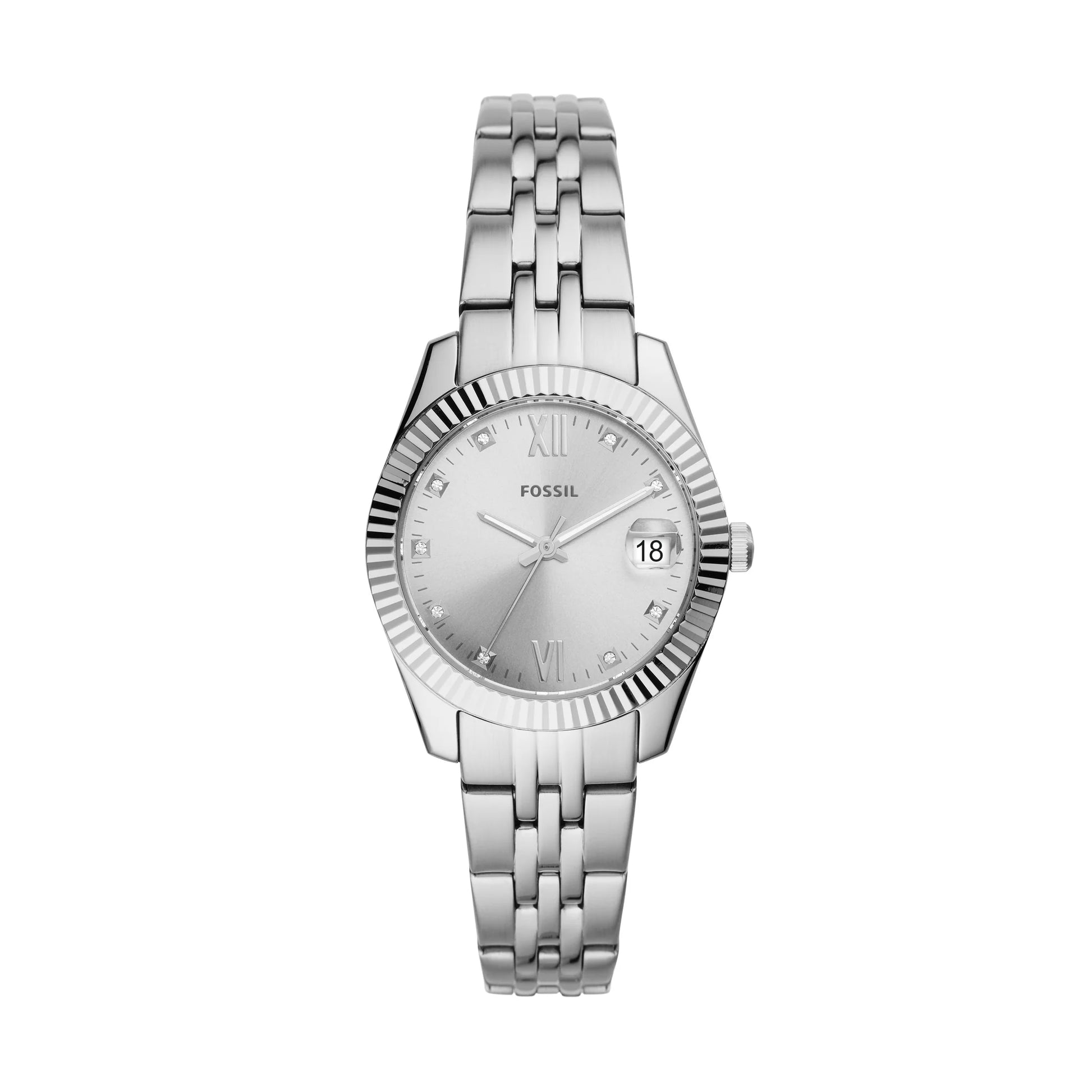 FOSSIL Women's Scarlette Mini Three-Hand Date Silver Stainless Steel Watch | ES4897