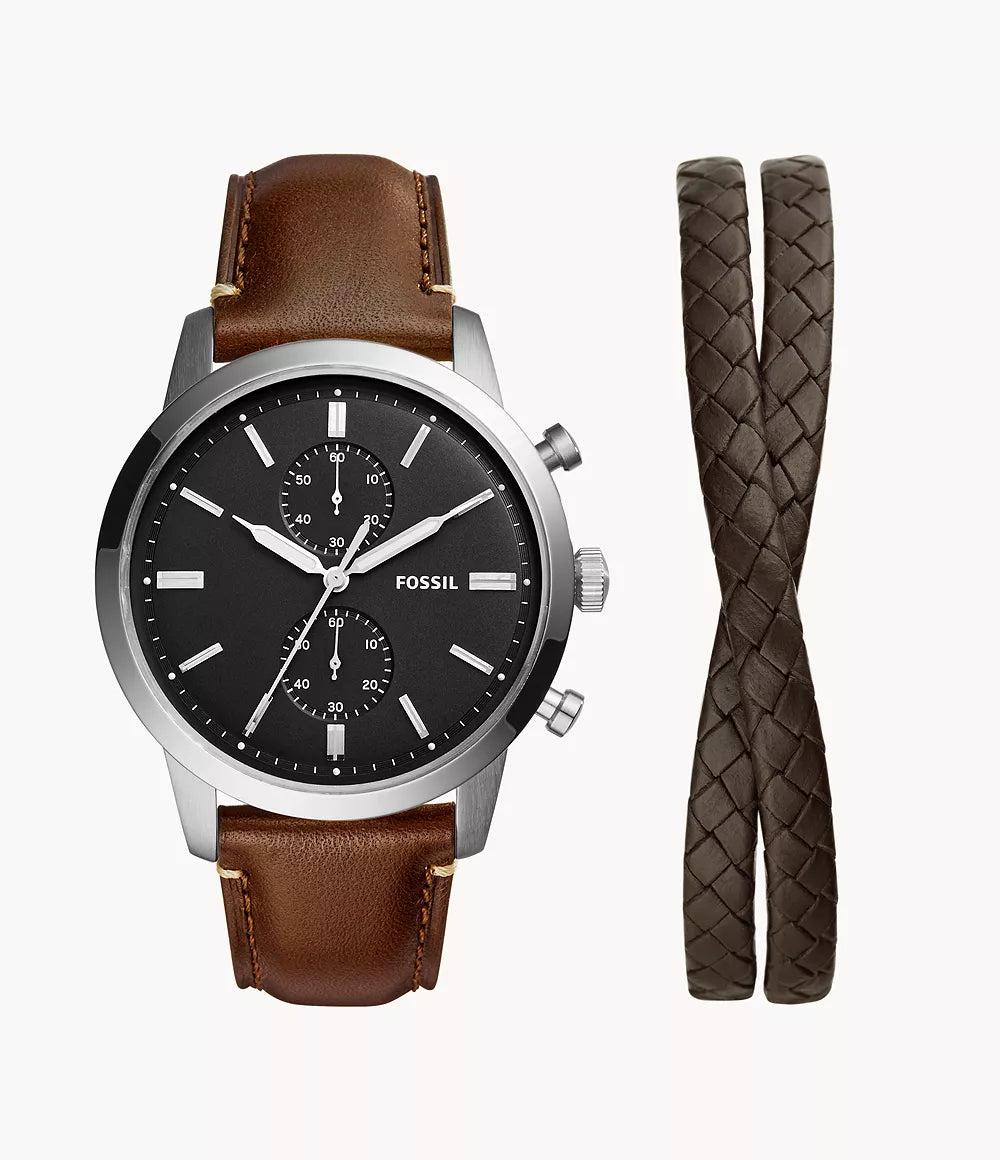 FOSSIL Men's Townsman Chronograph Brown LiteHide™ Leather Watch and Bracelet Set | FS5967