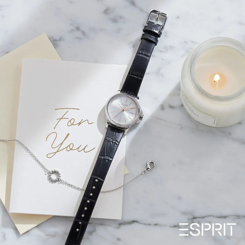 Esprit Women's Black Leather Watch, Silver Dial | ES1L144L2015